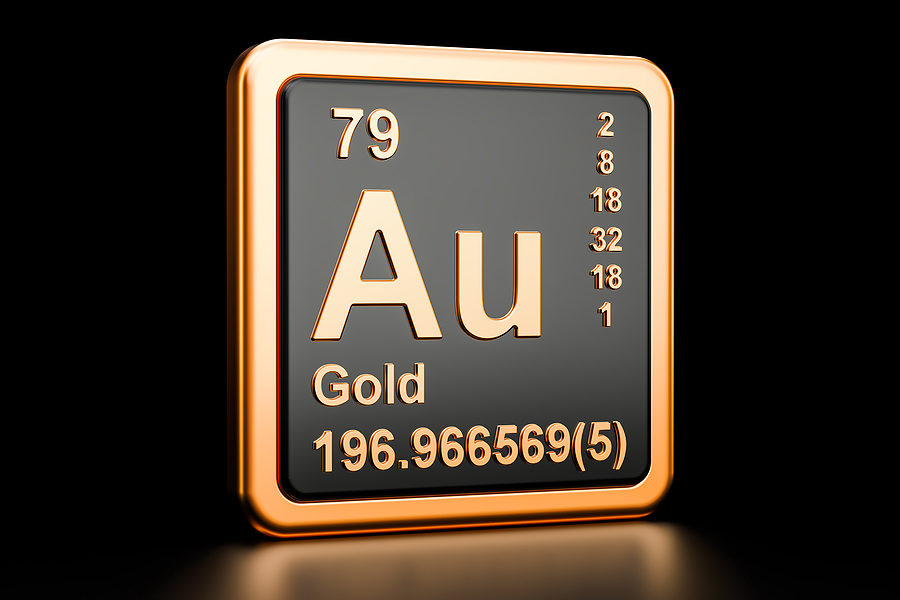Gold aurum Au, chemical element sign. 3D rendering isolated on black background