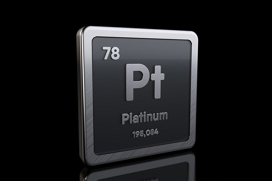 Platinum Pt, element symbol from periodic table series. 3D rendering isolated on black background